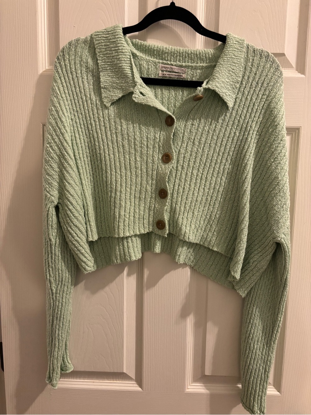 Urban Outfitters Cropped Ribbed Button-Front Cardigan - Light Sage